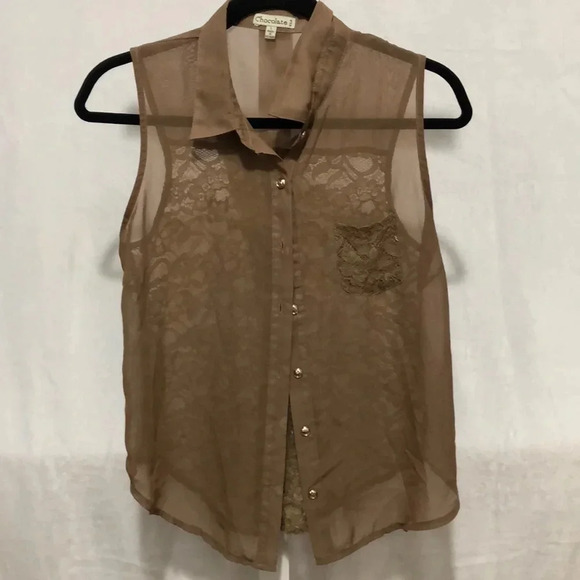 Chocolate Sleeveless Top Sheer Lace Button Down Blouse Brown Size L - Picture 2 of 6